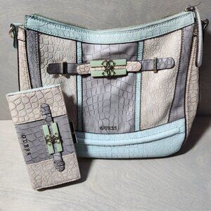 Guess alligator cracked leather purse wallet combo guc baby blue